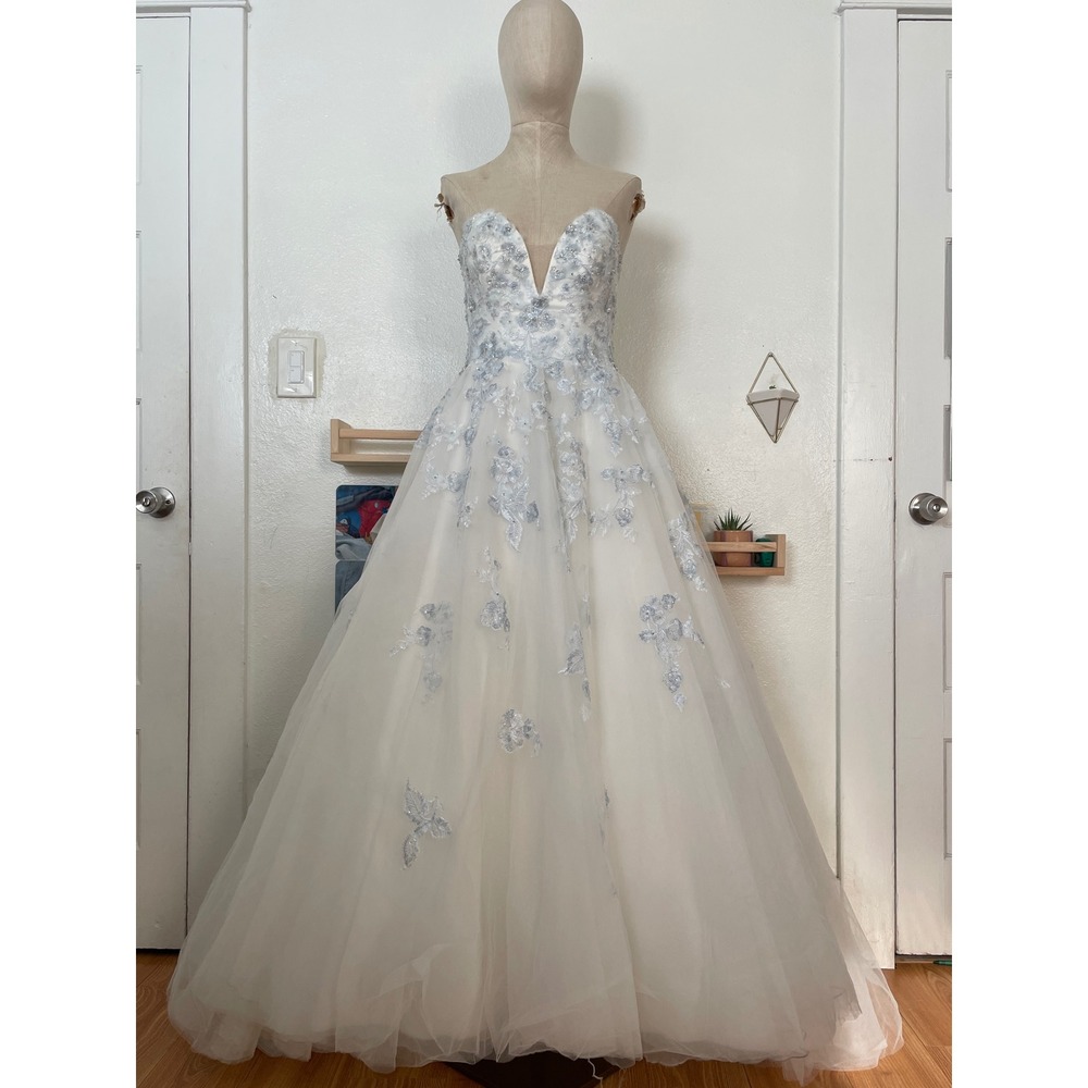 Cocomelody Ivory Blue Floral Lace Tulle Ball Gown Wedding Dress US 2 Corset Back